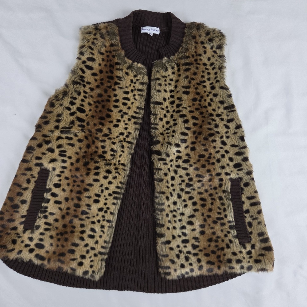Rebecca Malone Leopard Faux Fur Open Front Cardigan Vest L